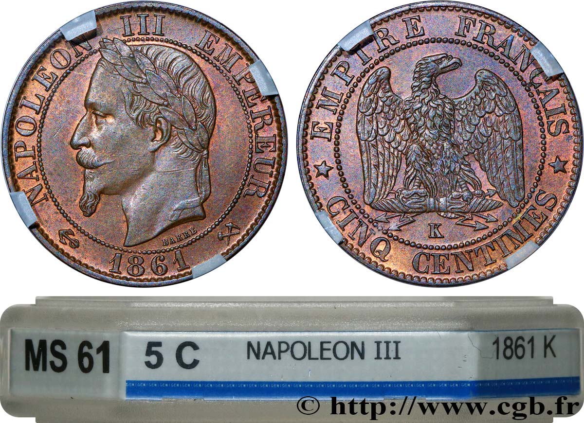 Cinq centimes Napoléon III, tête laurée 1861 Bordeaux F.117/6 SPL61 GENI