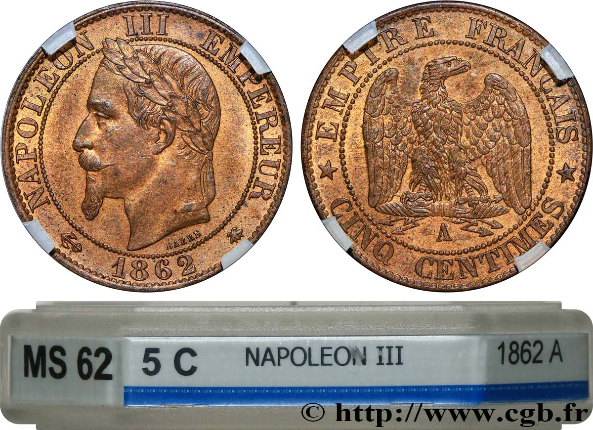 Cinq centimes Napoléon III, tête laurée 1862 Paris F.117/7 SUP62 GENI