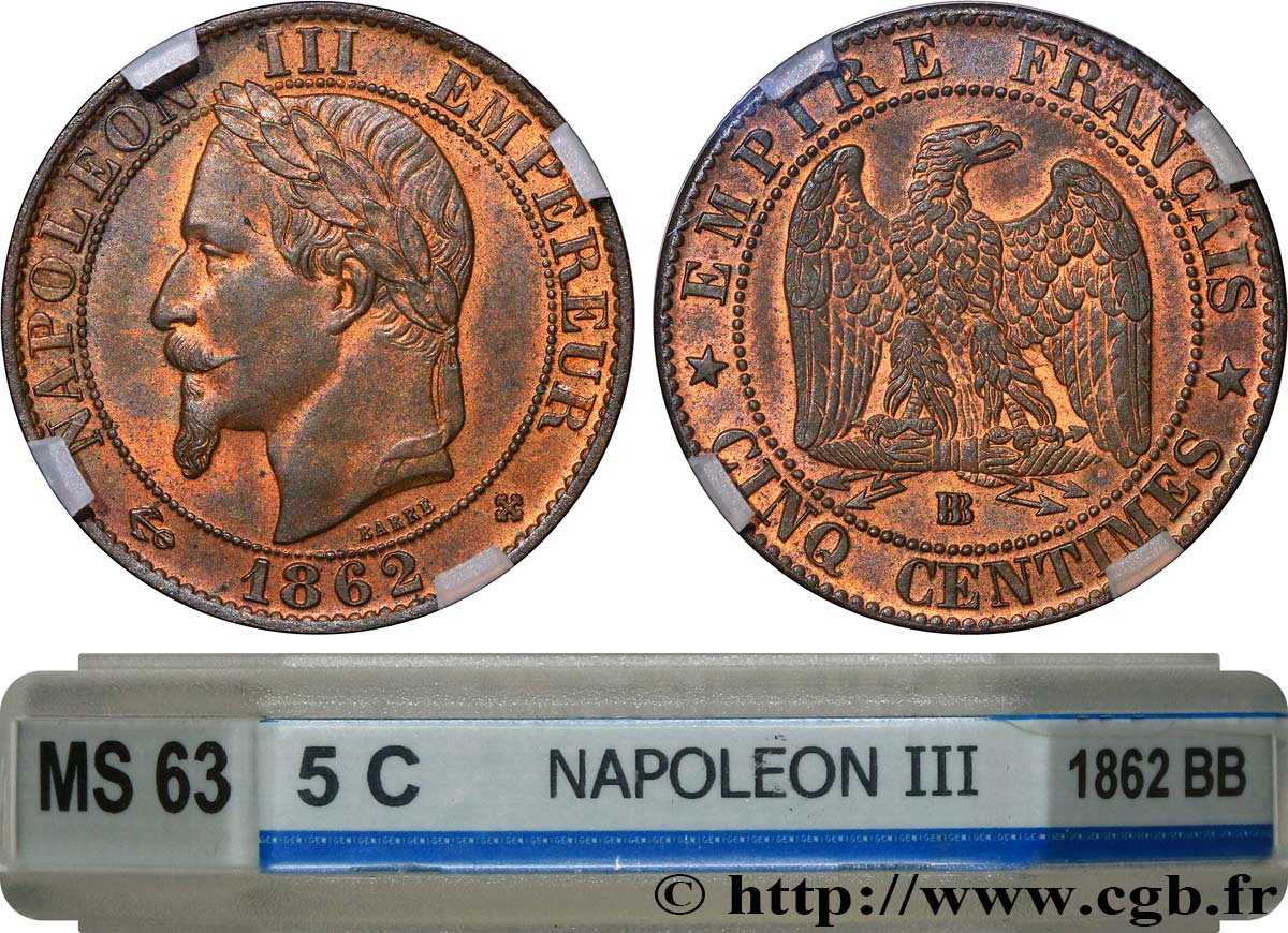Cinq centimes Napoléon III, tête laurée 1862 Strasbourg F.117/8 SPL63 GENI