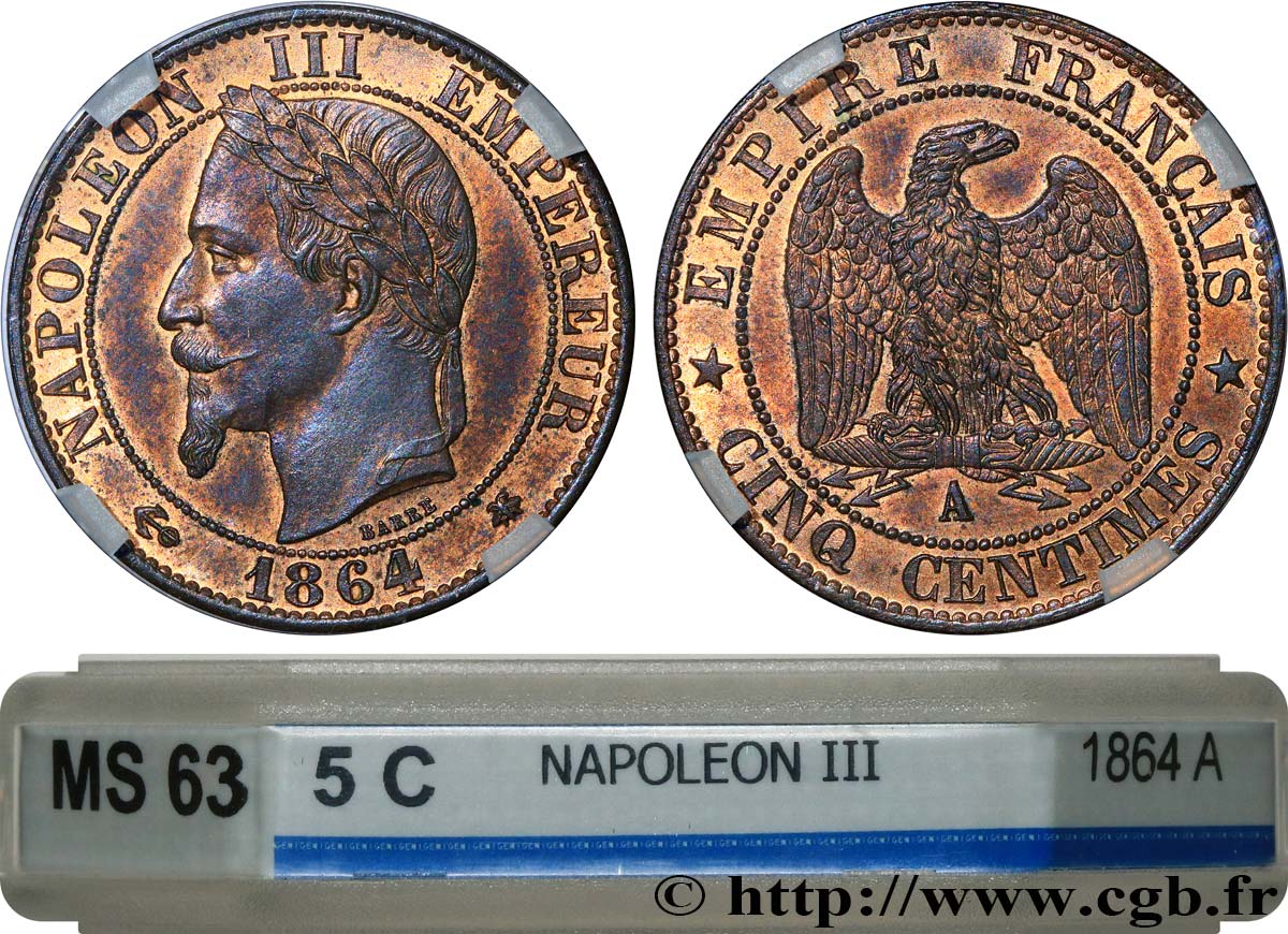 Cinq centimes Napoléon III, tête laurée 1864 Paris F.117/11 SPL63 GENI