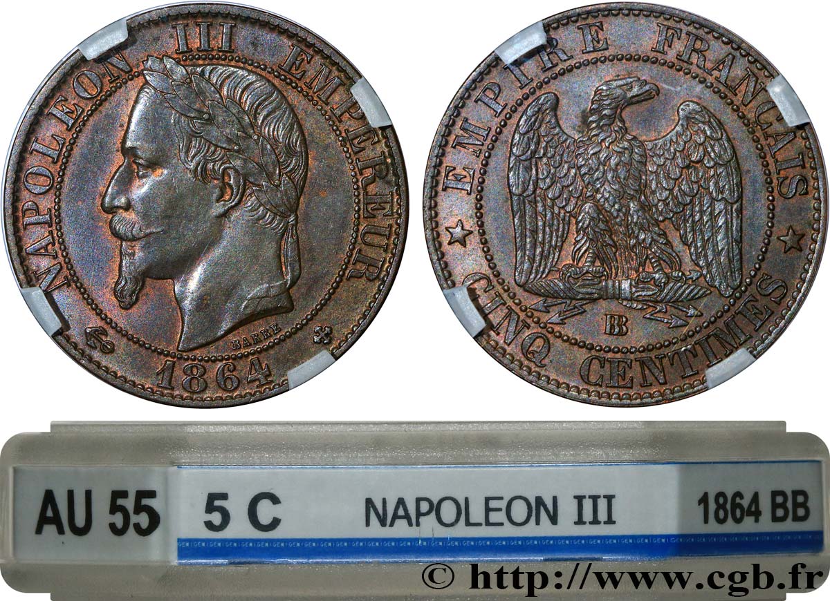 Cinq centimes Napoléon III, tête laurée 1864 Strasbourg F.117/14 SPL55 GENI