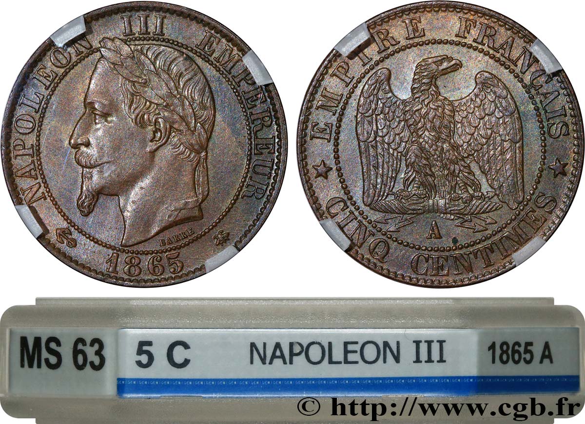 Cinq centimes Napoléon III, tête laurée 1865 Paris F.117/16 SC63 GENI