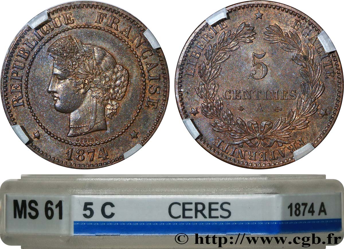 5 centimes Cérès 1874 Paris F.118/9 SUP61 GENI