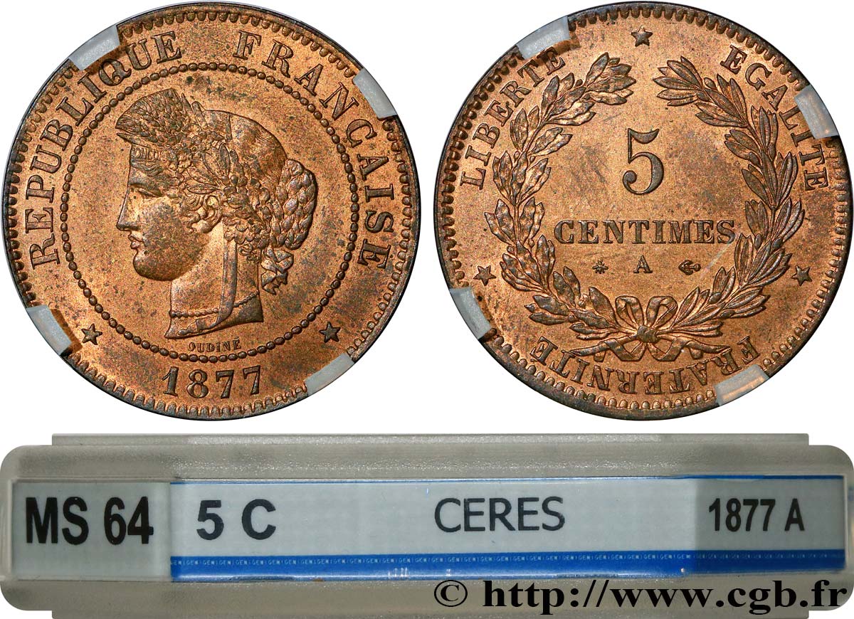 5 centimes Cérès 1877 Paris F.118/15 SPL64 GENI