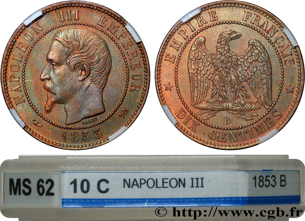 Dix centimes Napoléon III, tête nue 1853 Rouen F.133/3 MS62 GENI