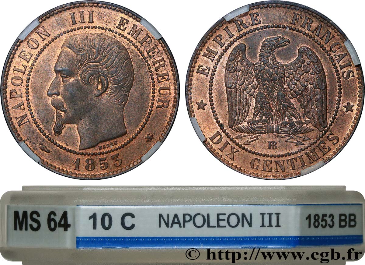 Dix centimes Napoléon III, tête nue 1853 Strasbourg F.133/4 SPL64 GENI