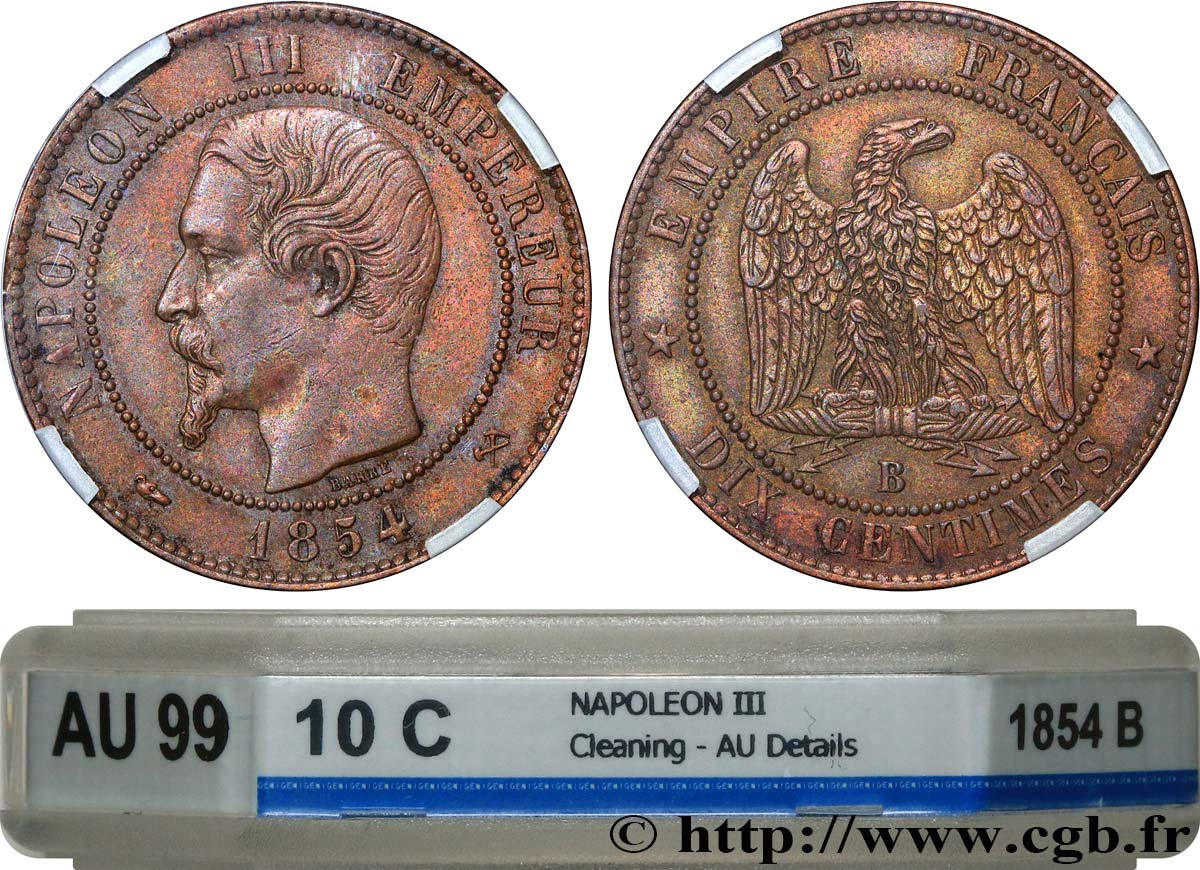 Dix centimes Napoléon III, tête nue 1854 Rouen F.133/12 fVZ GENI
