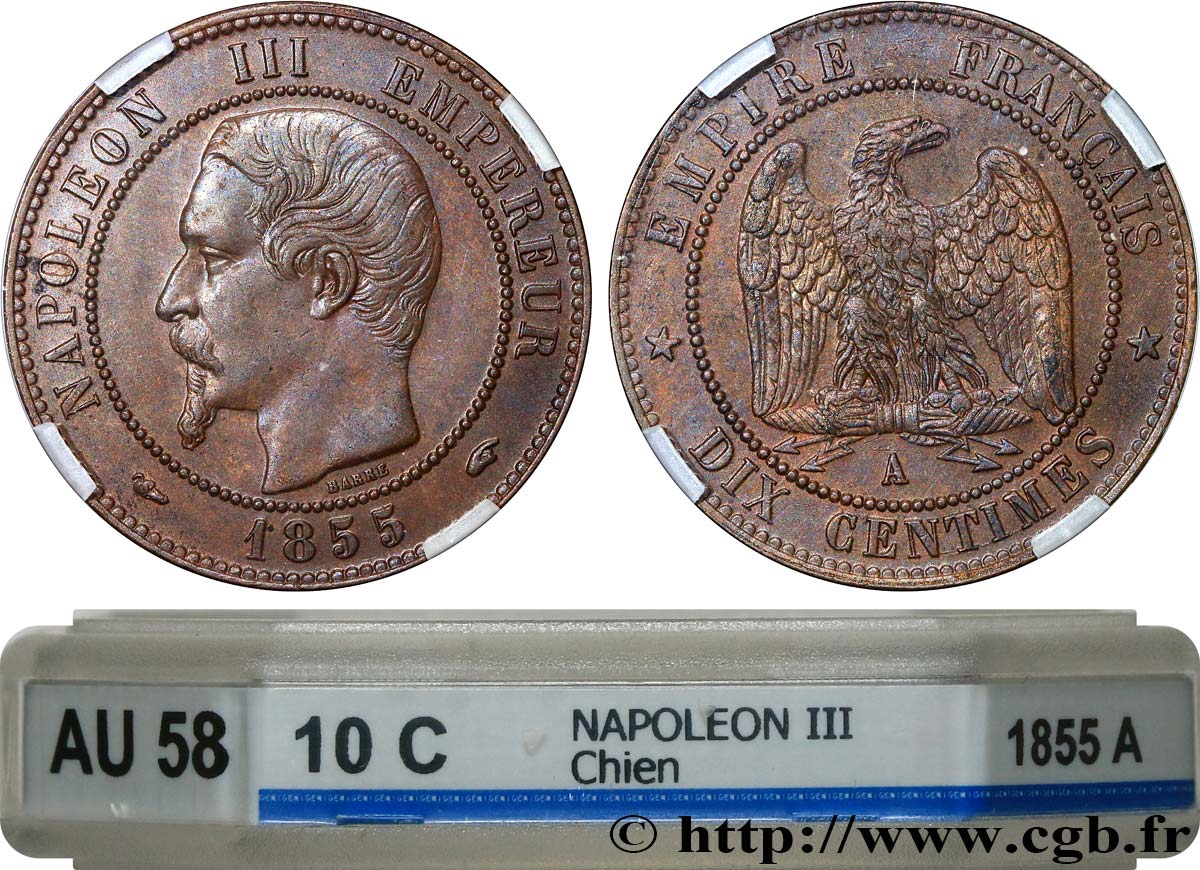 Dix centimes Napoléon III, tête nue 1855 Paris F.133/19 EBC58 GENI