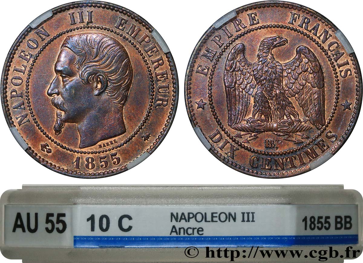 Dix centimes Napoléon III, tête nue, différent ancre 1855 Strasbourg F.133/24 VZ55 GENI