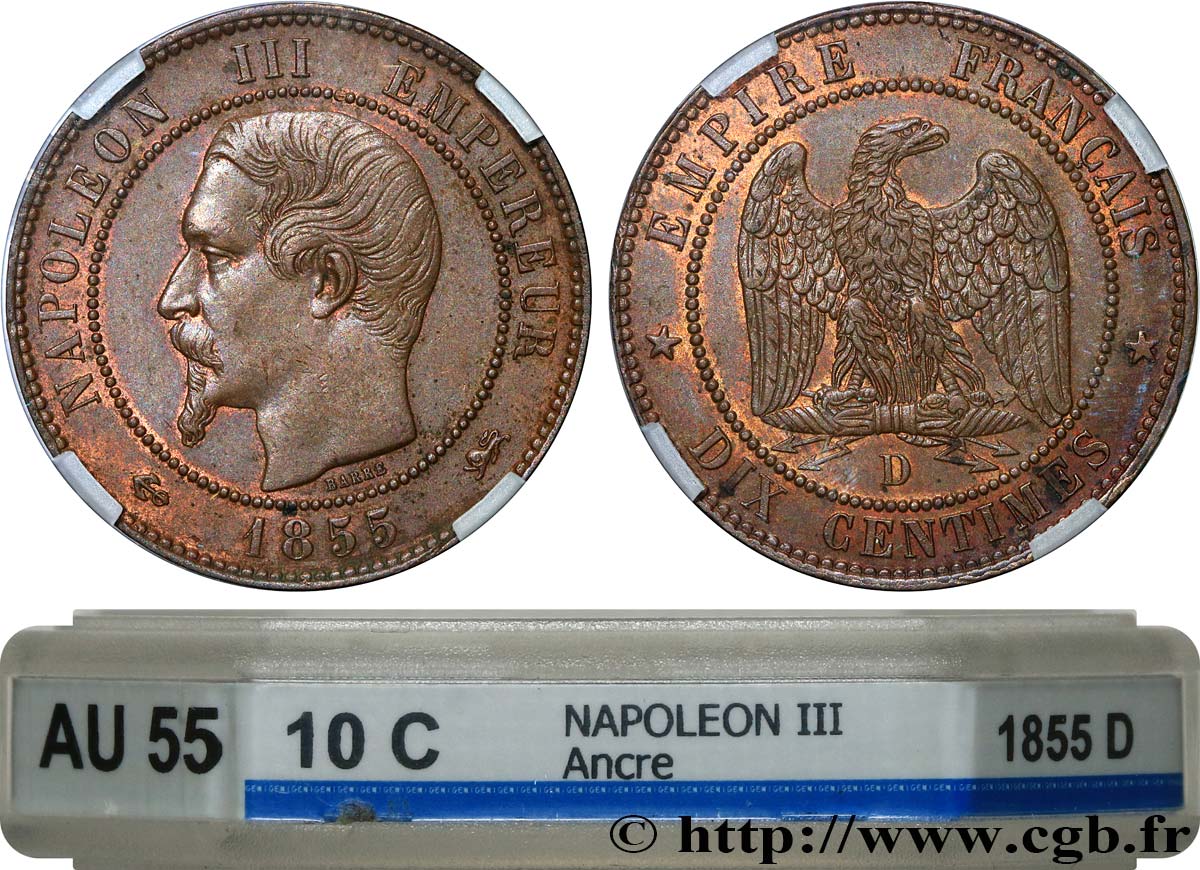 Dix centimes Napoléon III, tête nue 1855 Lyon F.133/26 AU55 GENI