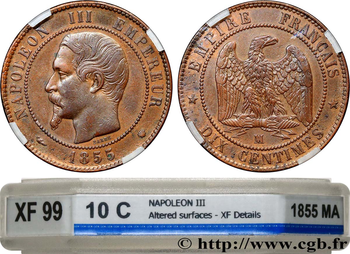 Dix centimes Napoléon III, tête nue, différent levrette 1855 Marseille F.133/30 XF GENI