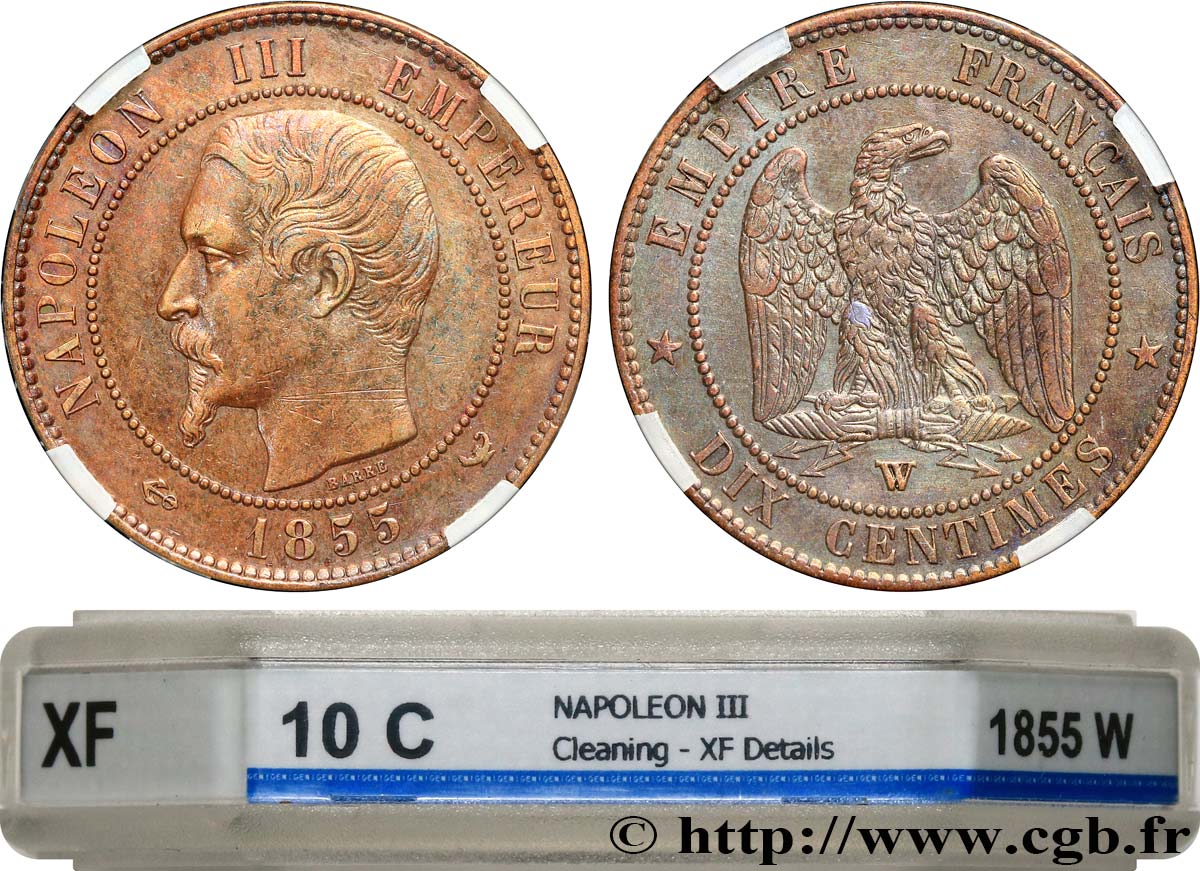 Dix centimes Napoléon III, tête nue 1855 Lille F.133/33 XF GENI