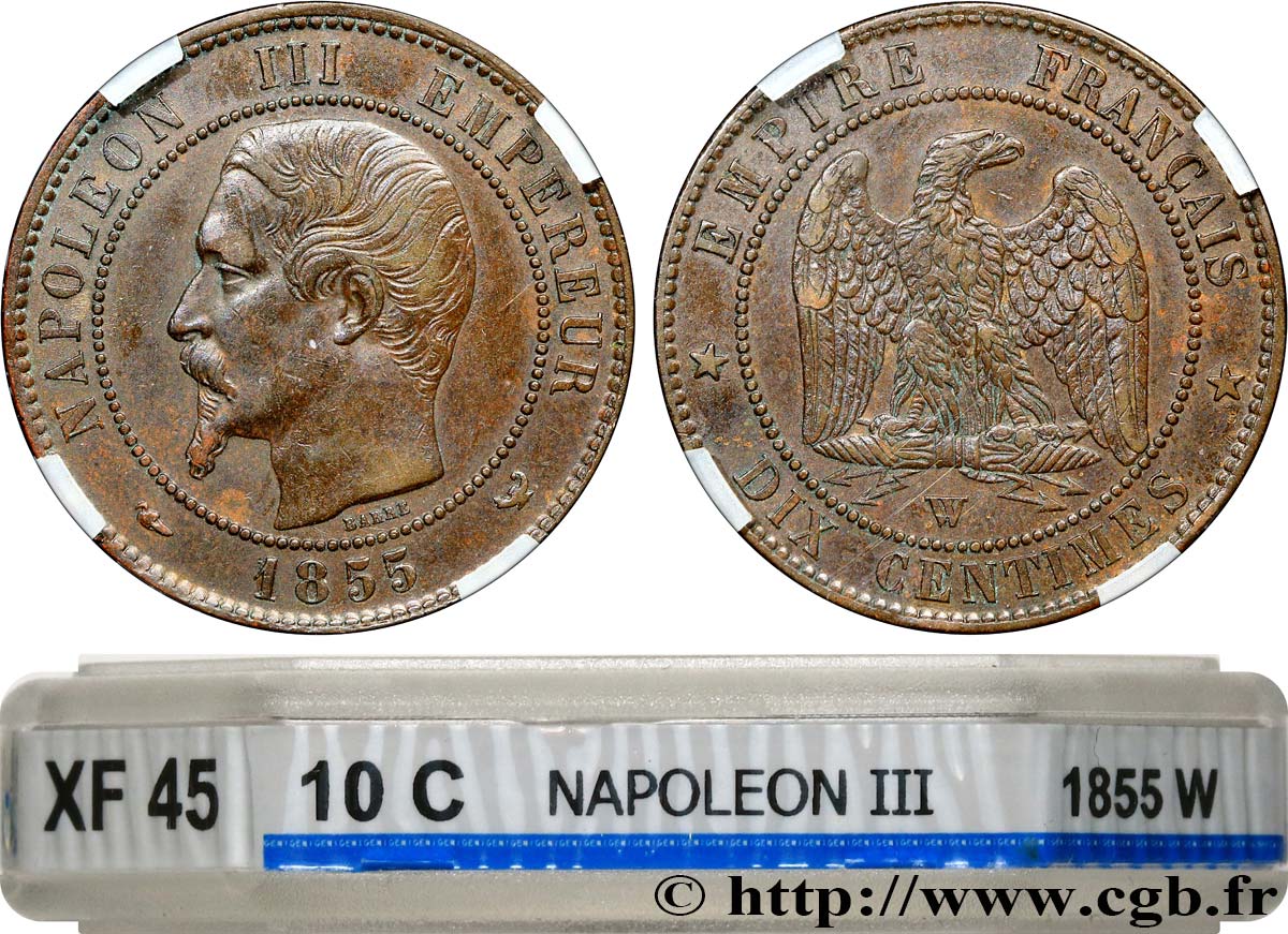 Dix centimes Napoléon III, tête nue 1855 Lille F.133/32 XF45 GENI