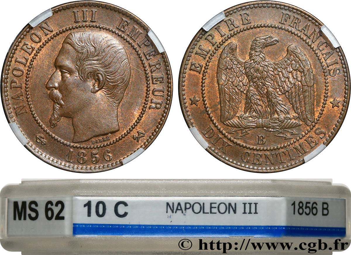 Dix centimes Napoléon III, tête nue 1856 Rouen F.133/35 EBC62 GENI
