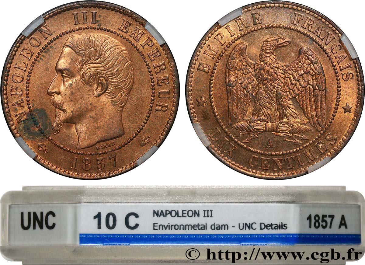 Dix centimes Napoléon III, tête nue 1857 Paris F.133/41 SUP+ GENI