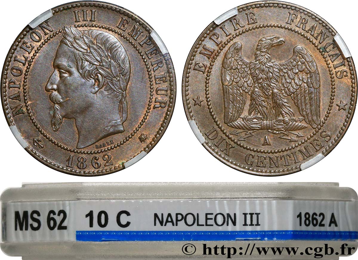 Dix centimes Napoléon III, tête laurée 1862 Paris F.134/7 MS62 GENI