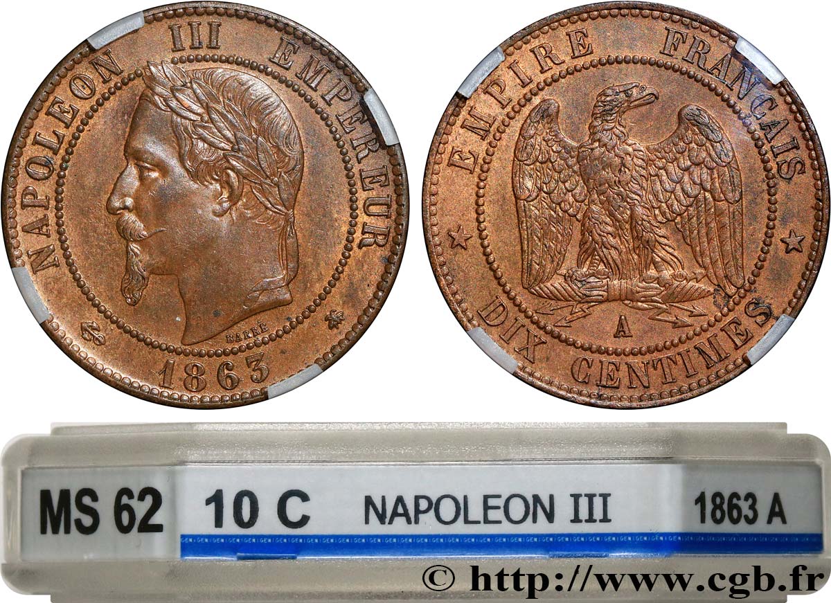 Dix centimes Napoléon III, tête laurée 1863 Paris F.134/10 VZ62 GENI