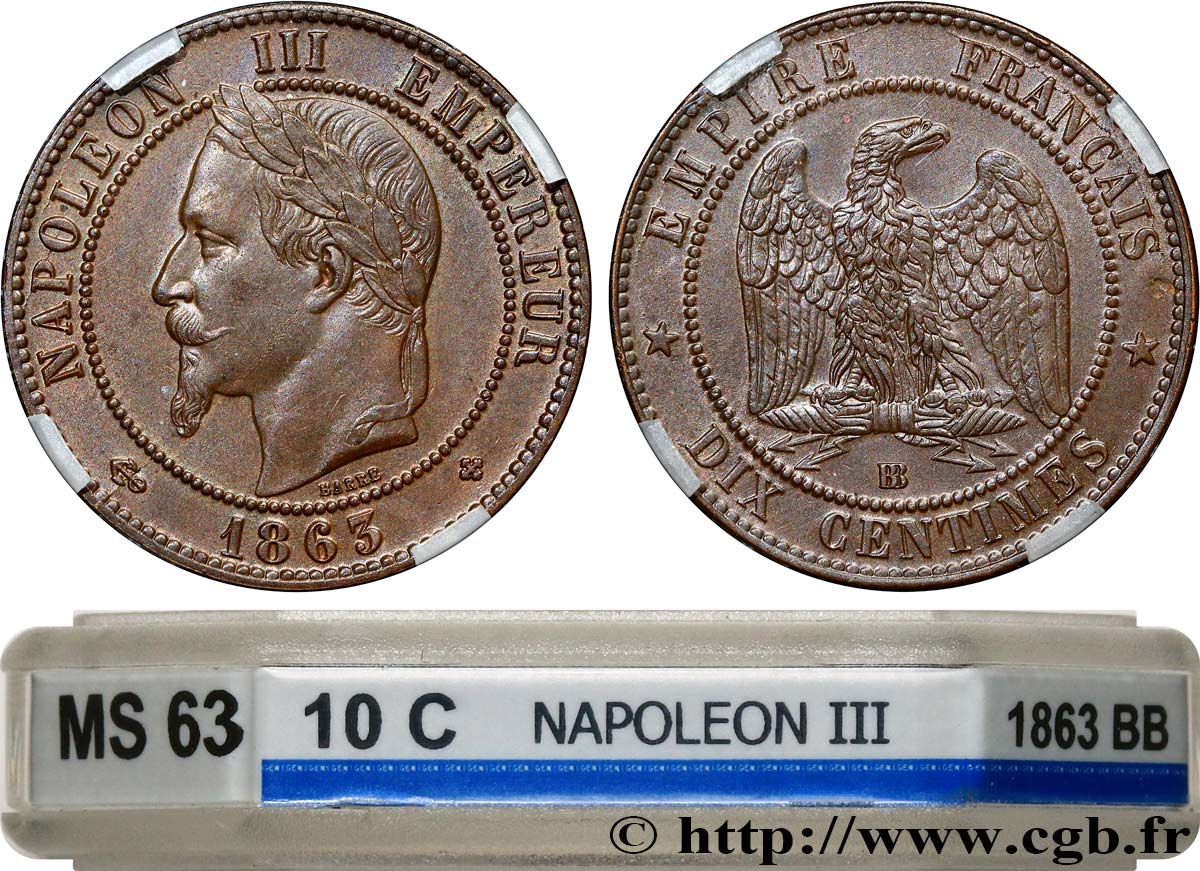 Dix centimes Napoléon III, tête laurée 1863 Strasbourg F.134/9 SPL63 GENI