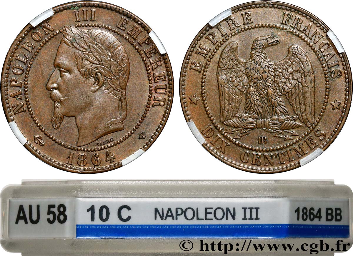 Dix centimes Napoléon III, tête laurée 1864 Strasbourg F.134/14 VZ58 GENI