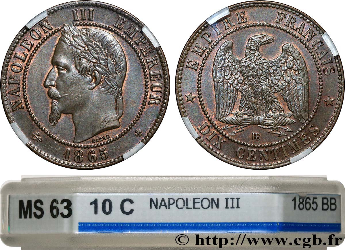 Dix Centimes Napoléon tête laurée 1865 Strasbourg F.134/15 SPL63 GENI