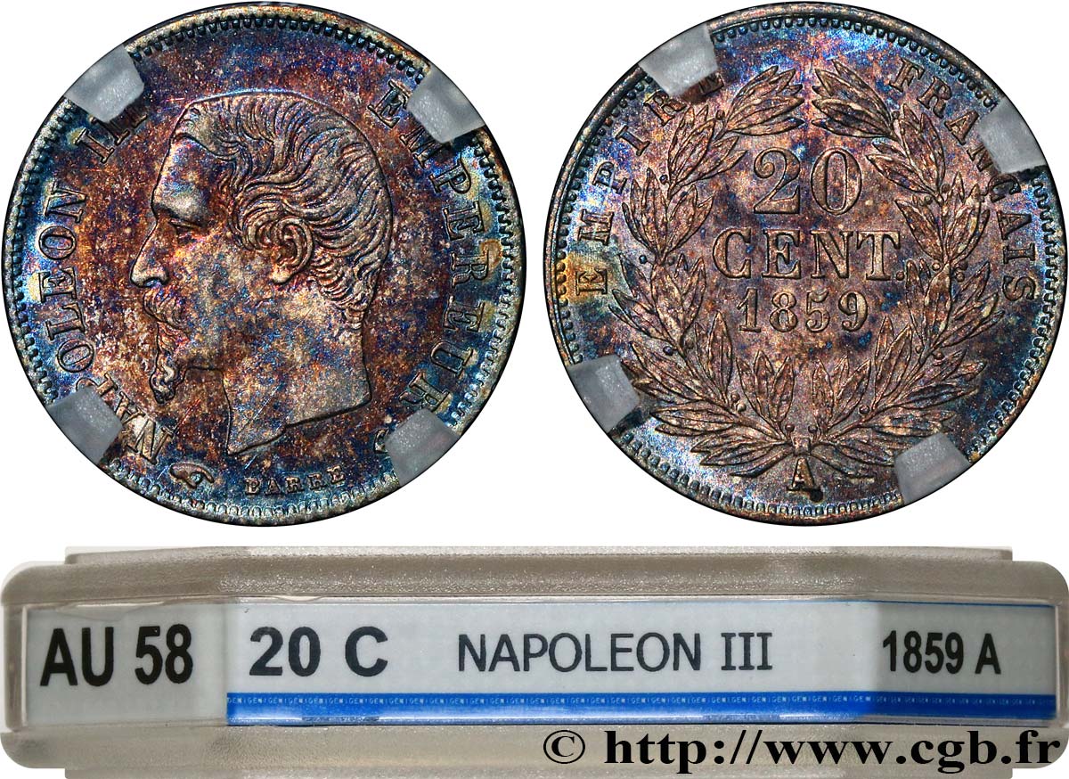 20 centimes Napoléon III, tête nue 1859 Paris F.148/12 AU58 GENI