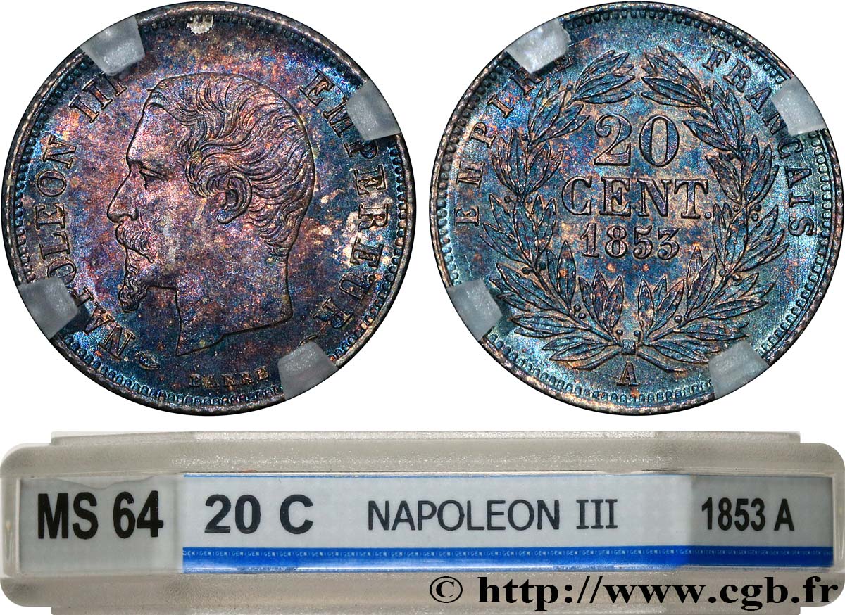 20 centimes Napoléon III, tête nue 1853 Paris F.148/1 MS64 GENI