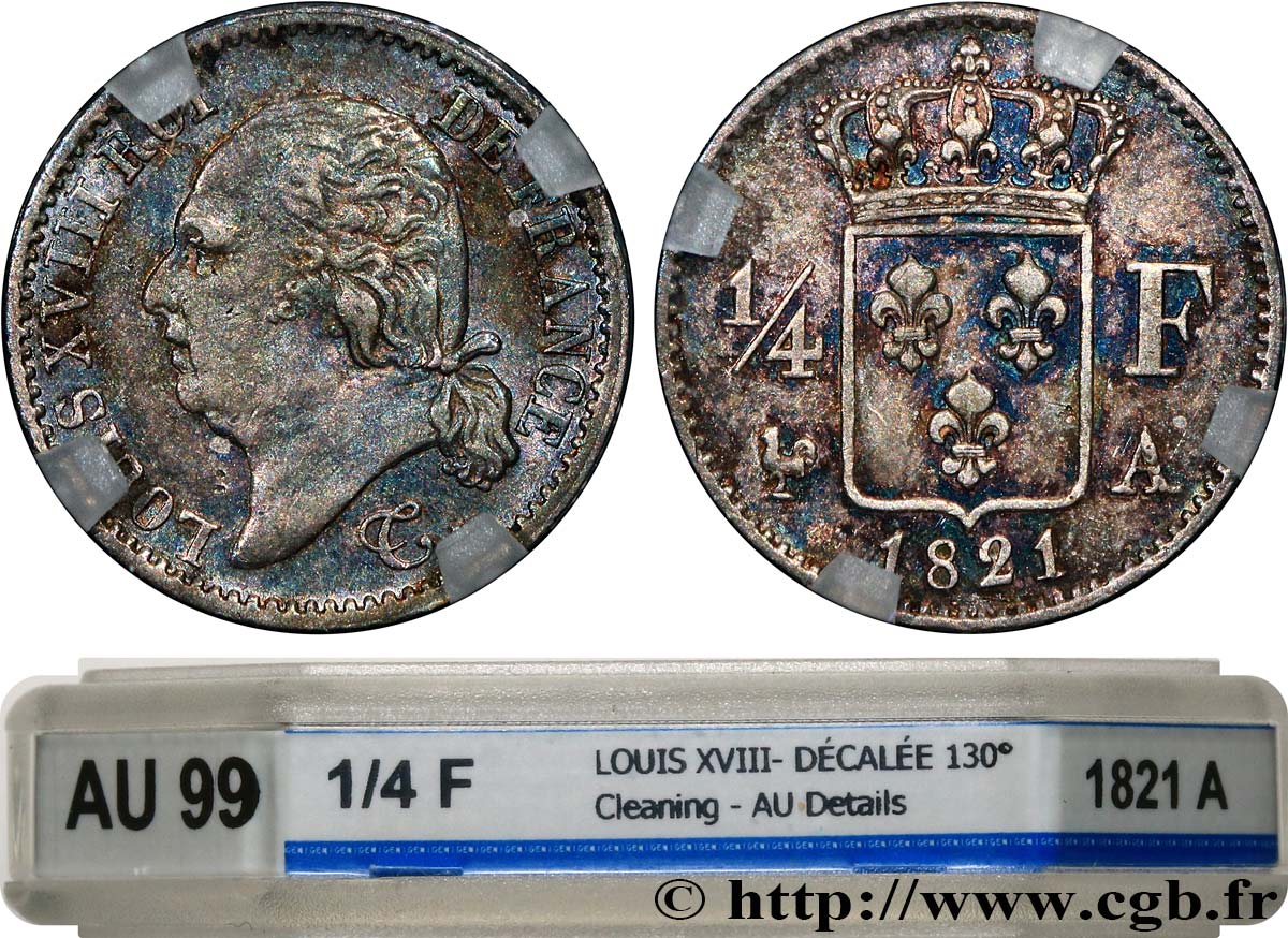 1/4 franc Louis XVIII, Fauté coins tournés 1821 Paris F.163/20 var. q.SPL GENI