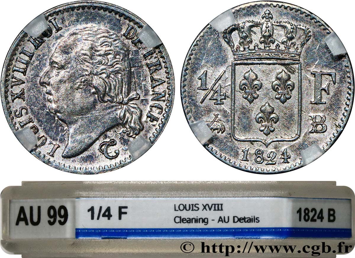 1/4 franc Louis XVIII  1824 Rouen F.163/32 TTB+ GENI