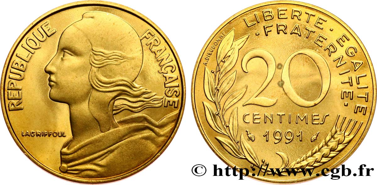 20 centimes Marianne, BE (Belle Épreuve) 1991 Pessac F.156/31 var. MS 