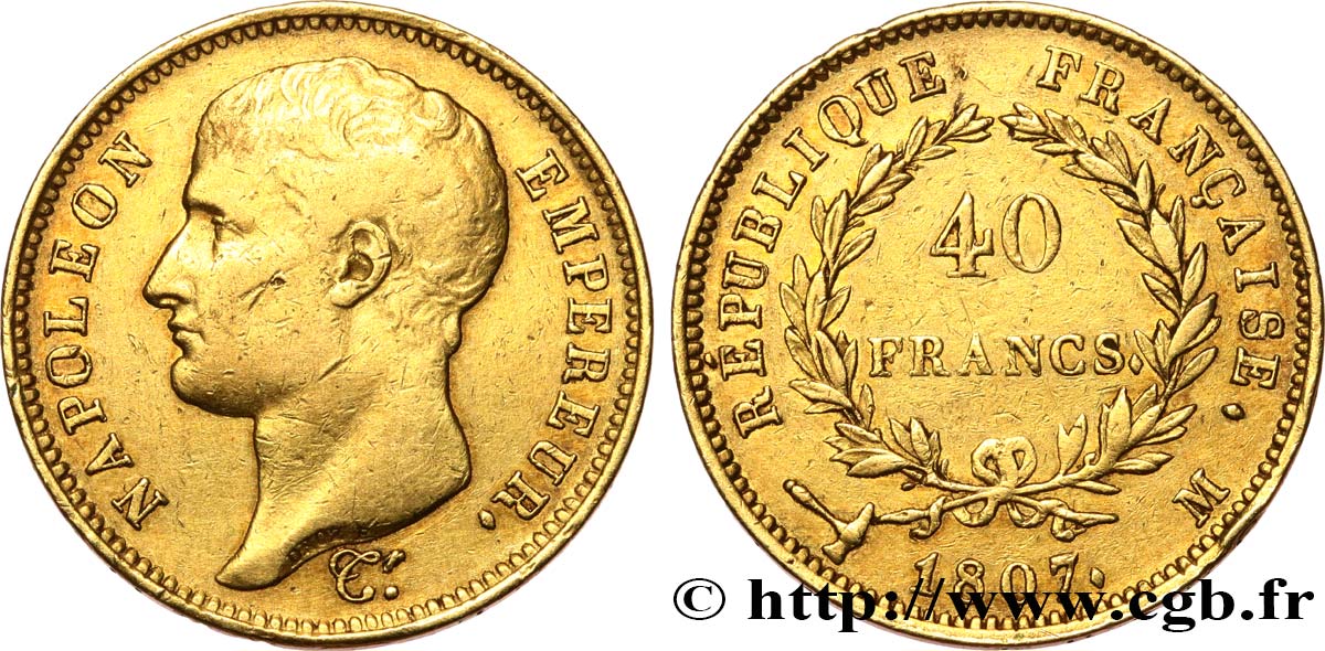 40 francs or Napoléon tête nue, type transitoire 1807 Toulouse F.539/3 XF 