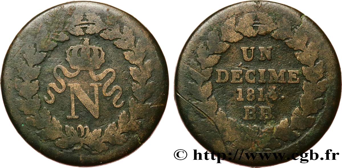 Un décime à l’N couronnée 1814 Strasbourg F.131/4 B 