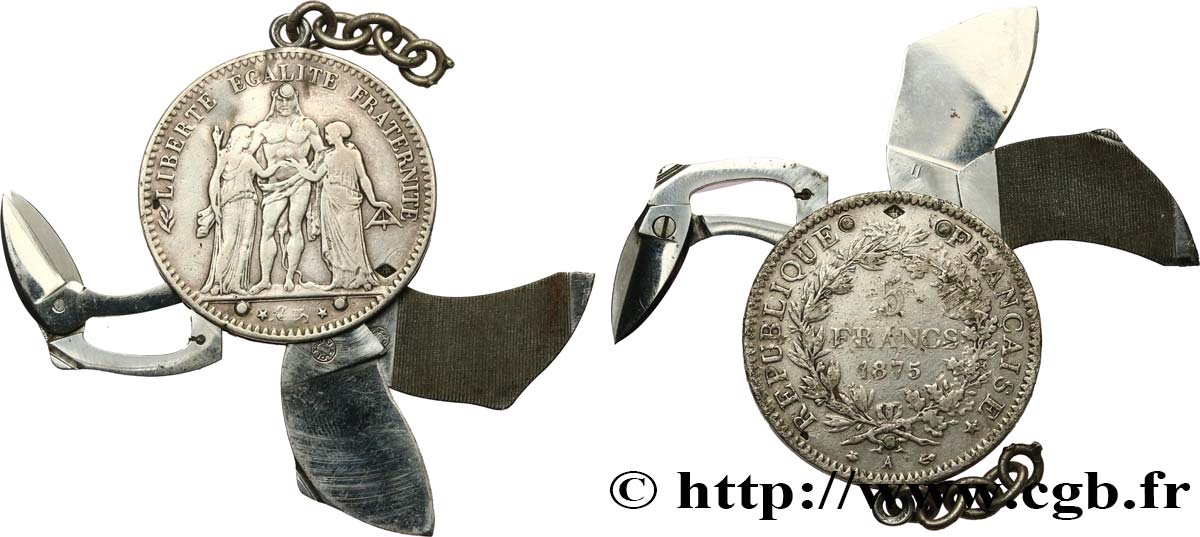 5 francs Hercule, transformé en porte-clé avec lime à ongle, couteau et paire de ciseaux 1875 Paris F.334/14 var. MB 