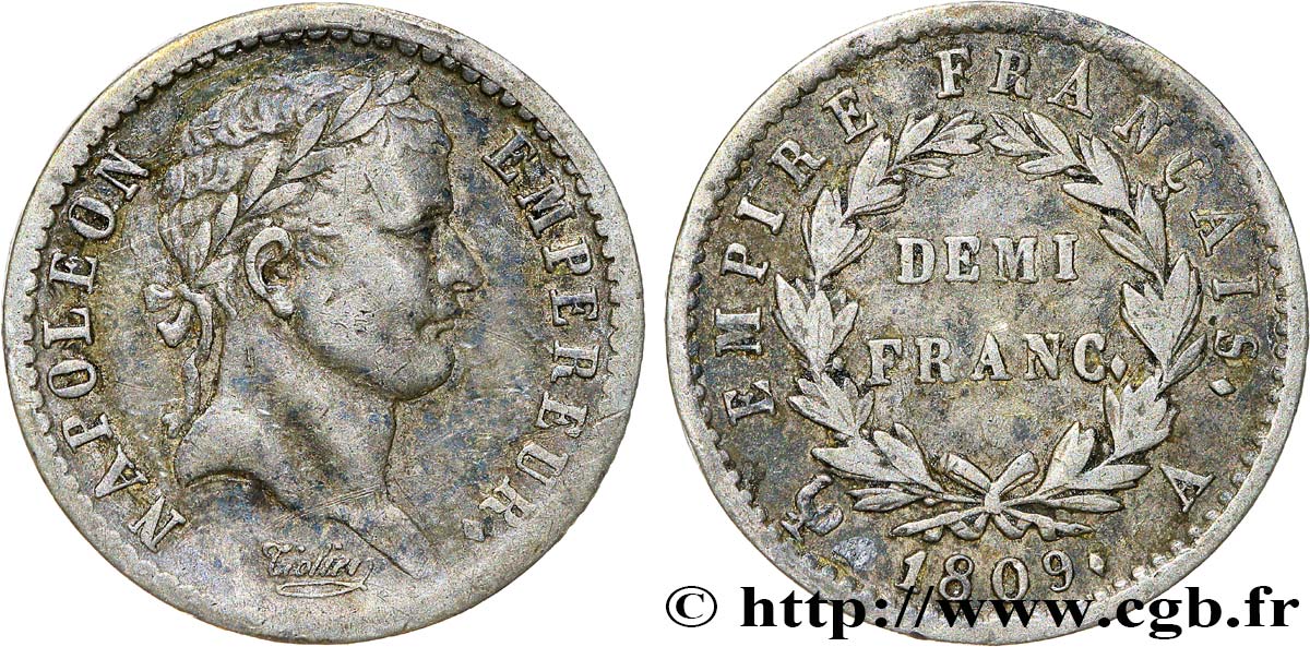 Demi-franc Napoléon Ier tête laurée, Empire français 1809 Paris F.178/1 TTB40 