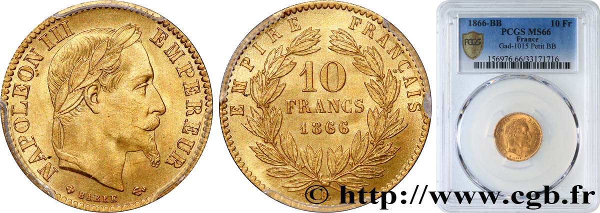 10 francs or Napoléon III, tête laurée 1866 Strasbourg F.507A/13 MS66 PCGS