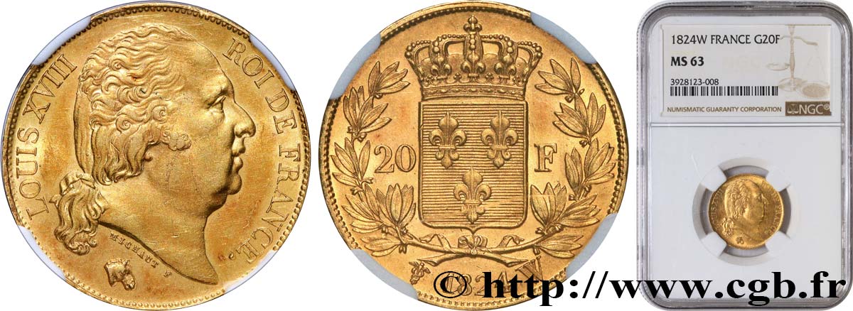 20 francs or Louis XVIII, tête nue 1824 Lille F.519/34 MS63 NGC