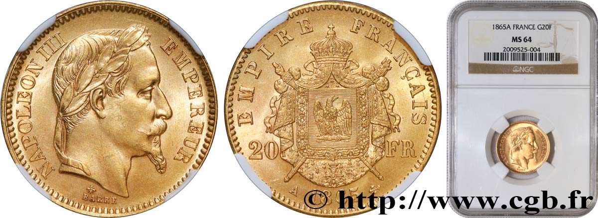 20 francs or Napoléon III, tête laurée 1865 Paris F.532/11 SPL64 NGC