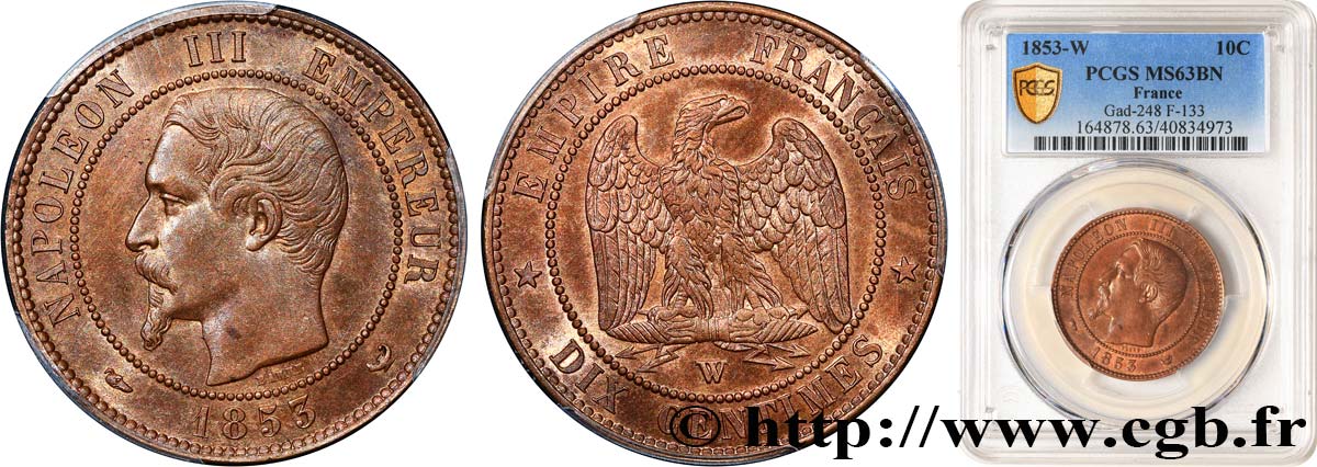 Dix centimes Napoléon III, tête nue 1853 Lille F.133/10 SPL63 PCGS