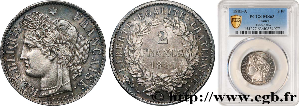 2 francs Cérès, avec légende 1881 Paris F.265/12 SPL63 PCGS