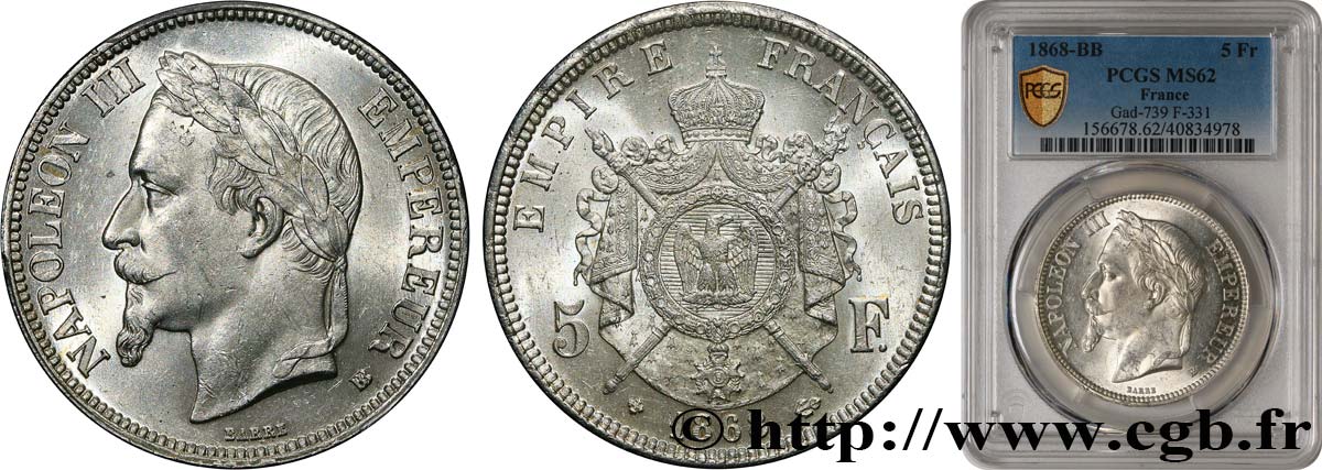5 francs Napoléon III, tête laurée 1868 Strasbourg F.331/13 SUP62 PCGS