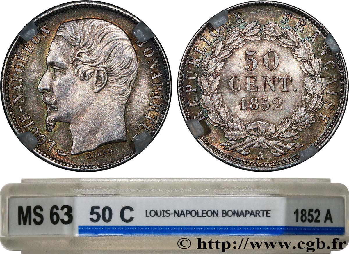 50 centimes Louis-Napoléon 1852 Paris F.185/1 MS63 GENI