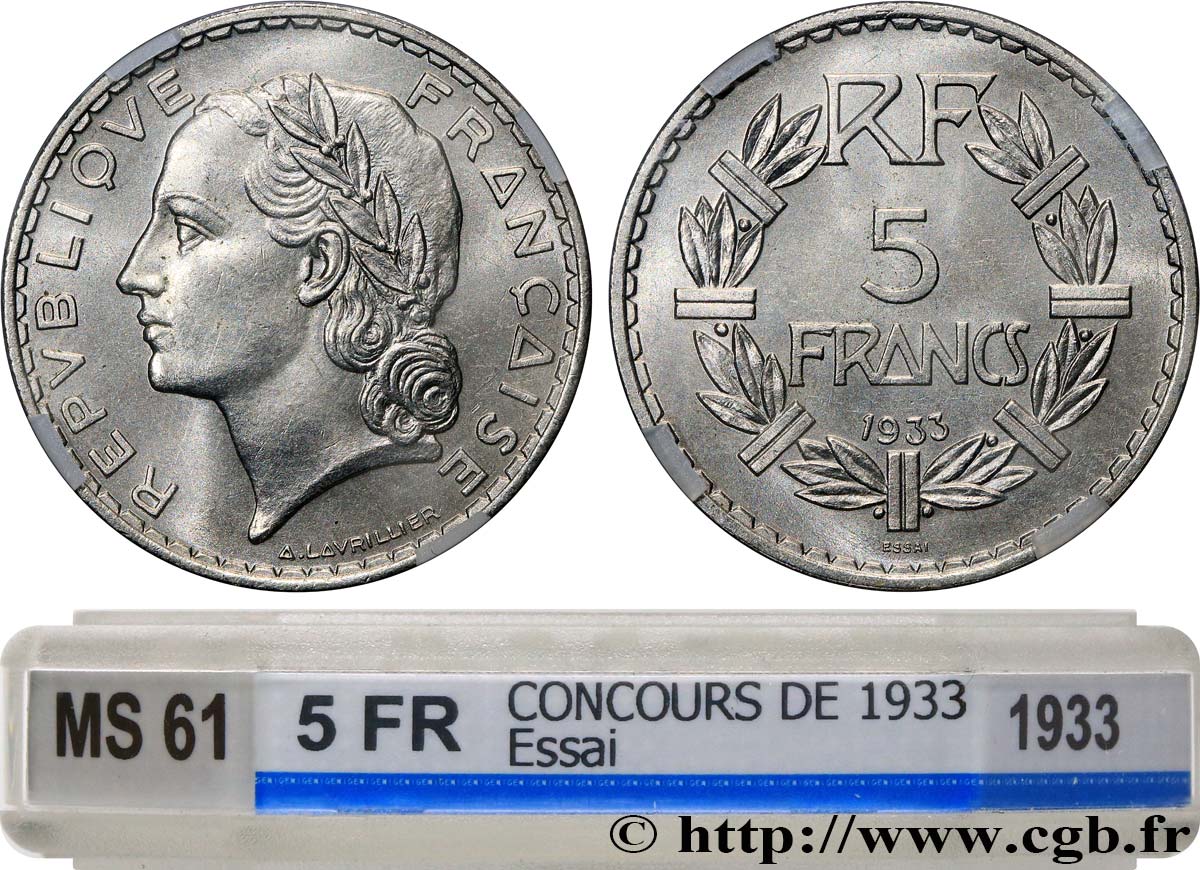 Concours de 5 francs, essai de Lavrillier en nickel, sans différents 1933 Paris GEM.137 8 SUP61 GENI