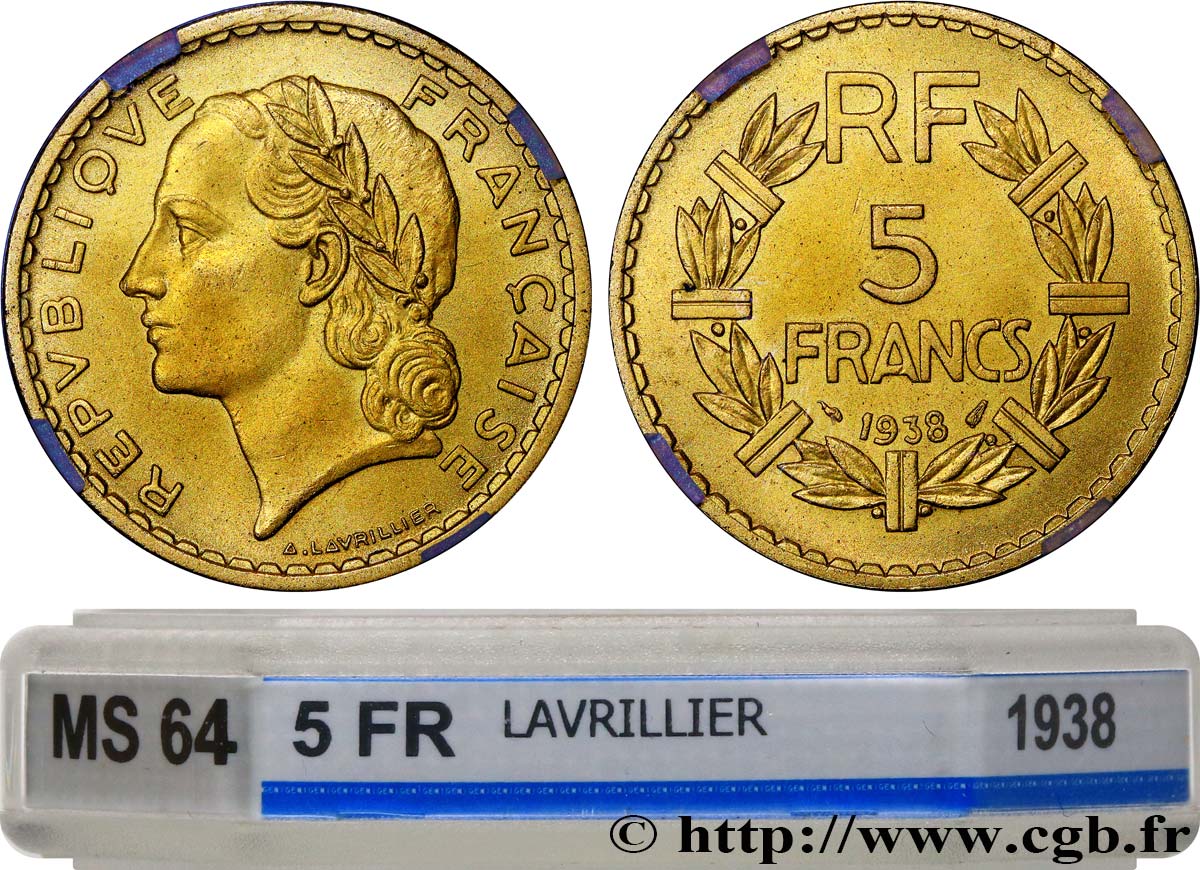 5 francs Lavrillier, bronze-aluminium 1938  F.337/1 MS64 GENI