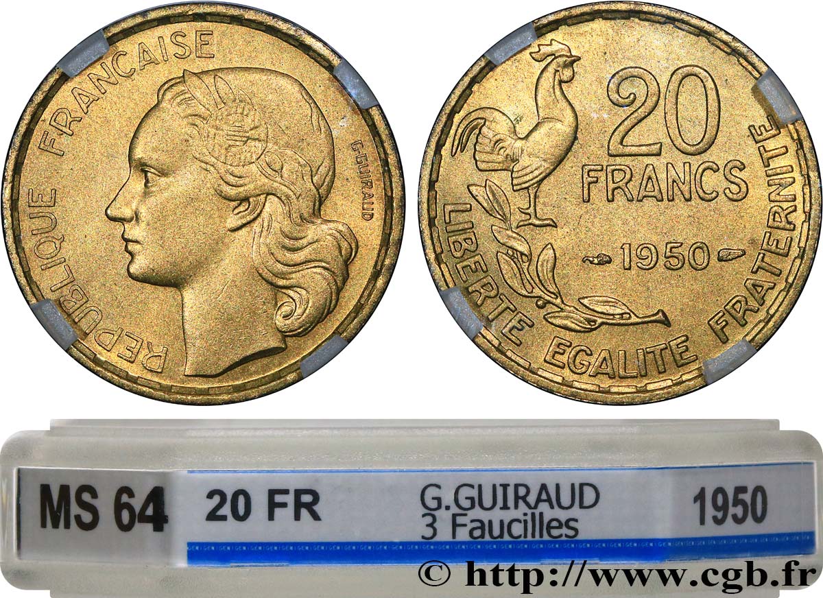 20 francs G. Guiraud, 3 faucilles 1950  F.402/2 SC64 GENI