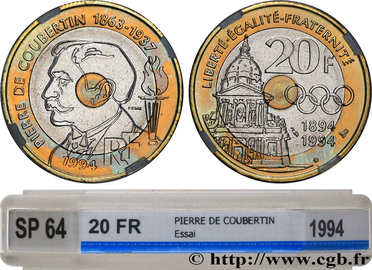Essai de 20 francs Pierre de Coubertin 1994 Pessac F.405/1 MS64 GENI