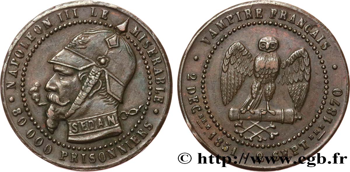 Médaille satirique Cu 25, module de Cinq centimes, type B “Os et Cigarette” 1870  Schw.B2a  TTB+ 