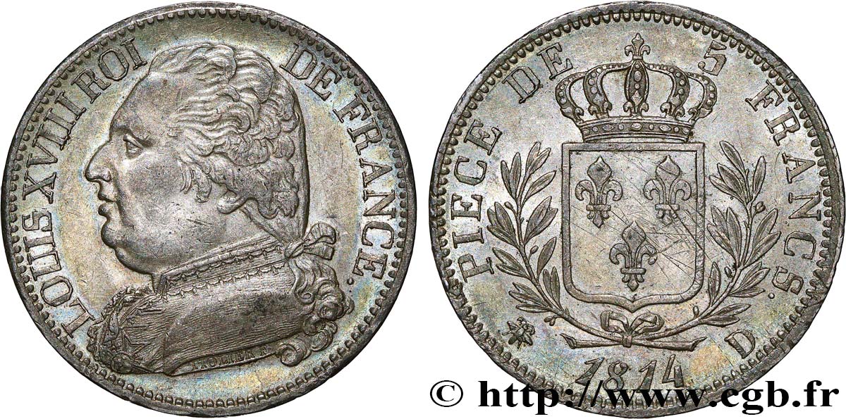 5 francs Louis XVIII, buste habillé 1814 Lyon F.308/4 TTB53/SUP 