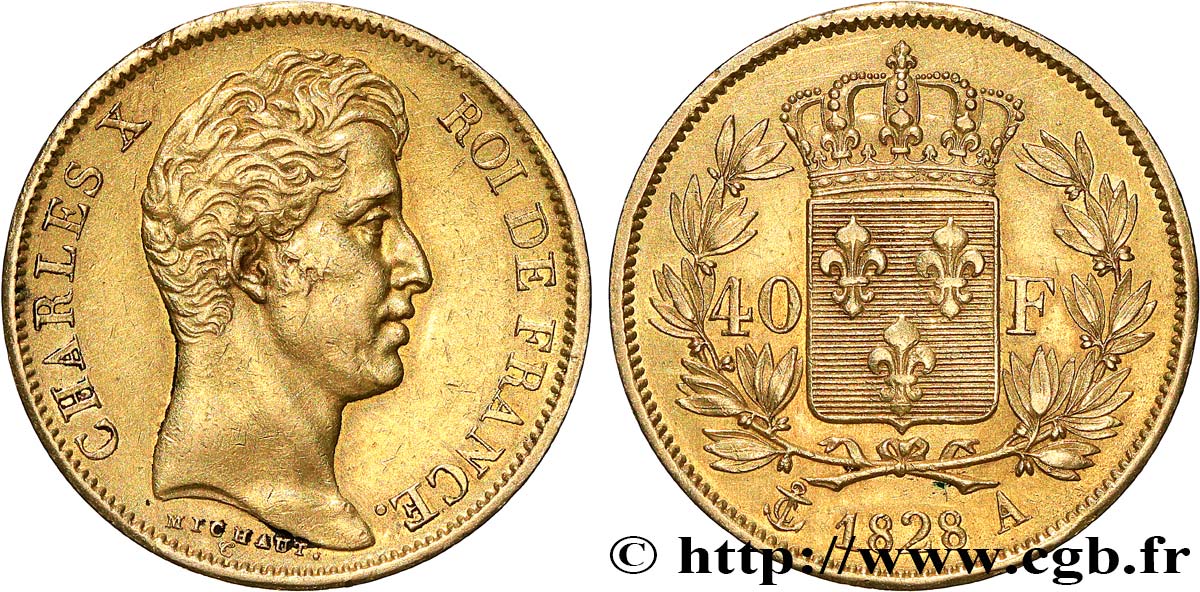 40 francs or Charles X, 2e type 1828 Paris F.544/3 MBC+ 
