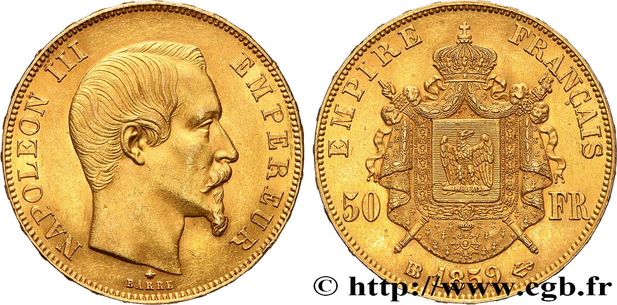 50 francs or Napoléon III, tête nue 1859 Strasbourg F.547/8 VZ58 