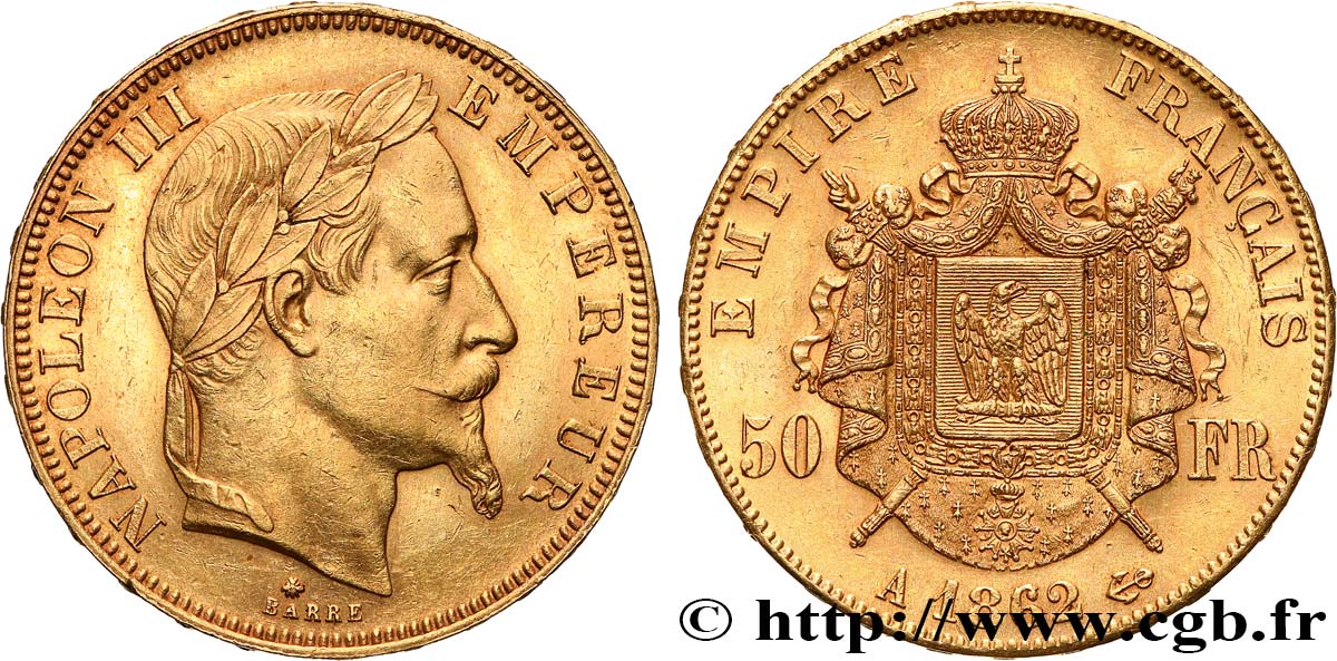 50 francs or Napoléon III, tête laurée 1862 Paris F.548/1 SPL 