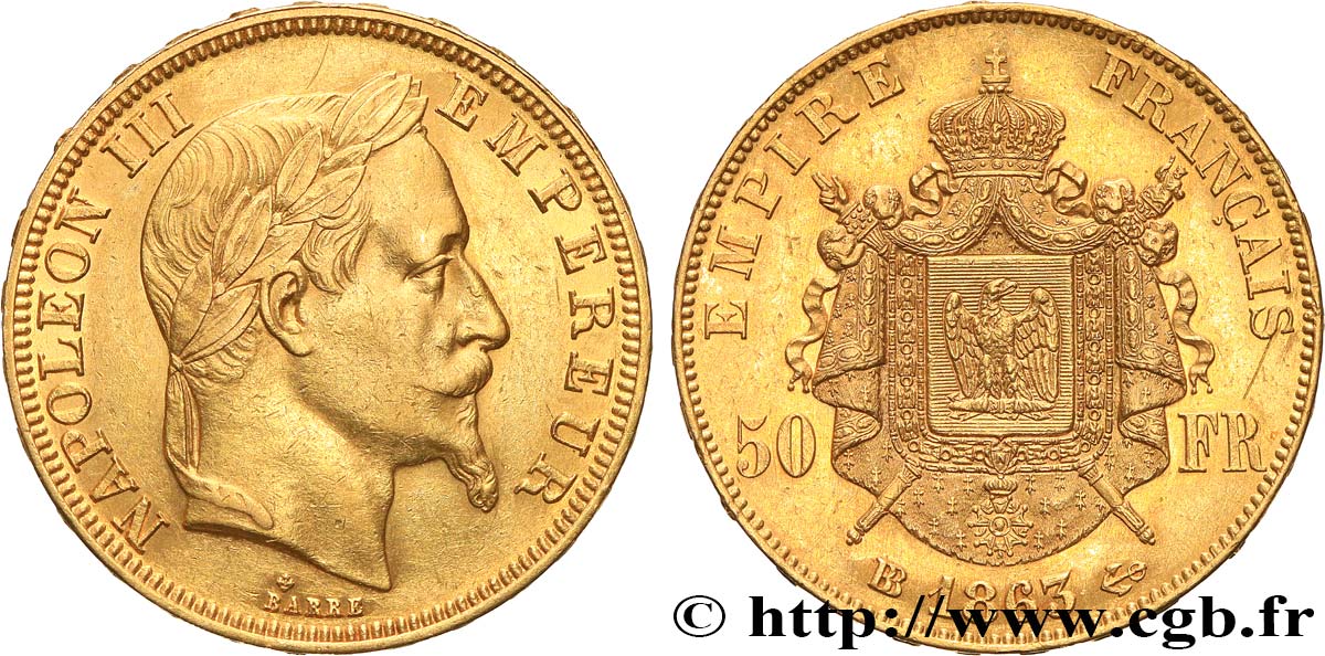 50 francs or Napoléon III, tête laurée 1863 Strasbourg F.548/3 q.SPL 